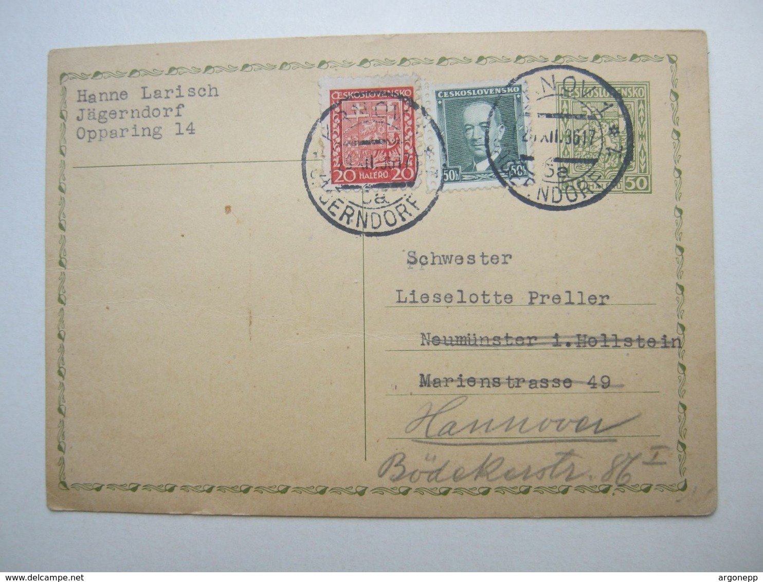 1936 , Ganzsache  Aus Jägerndorf Nach Deutschland - Unclassified