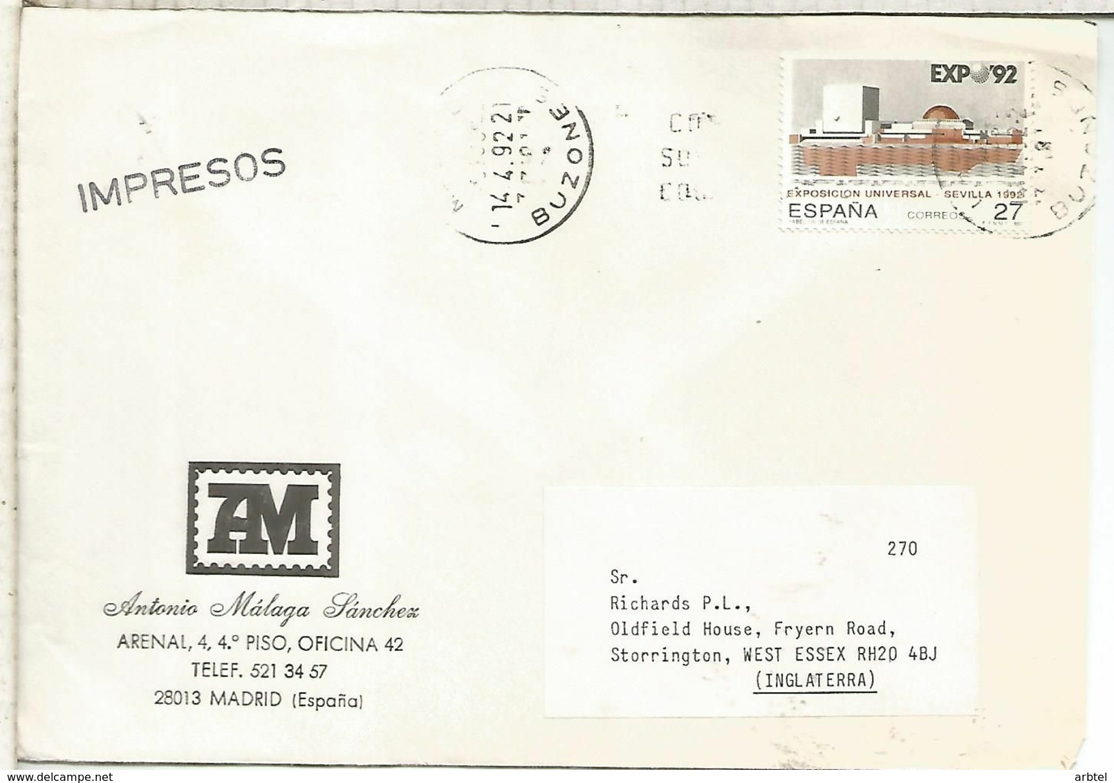 MADRID CC A STORRINGTON 1992 SELLO EXPO 92 SEVILLA - 1992 – Sevilla (Spanien)