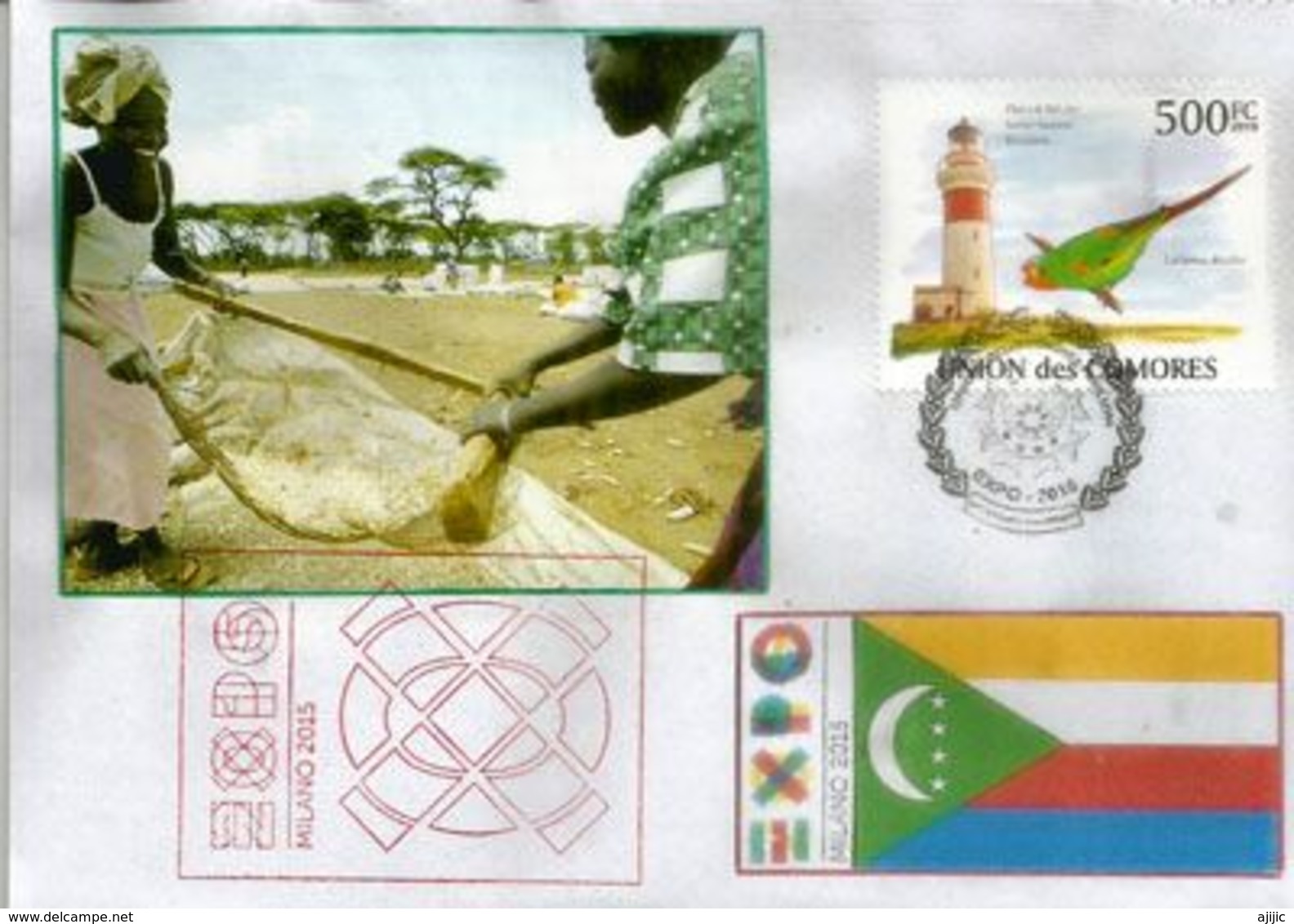 Timbre Phare De La Réunion Bel-Air,sur Lettre Du Pavillon Des Comores à L'EXPO UNIVERSELLE MILAN 2015 + Cachet De L'Expo - 2015 – Milán (Italia)