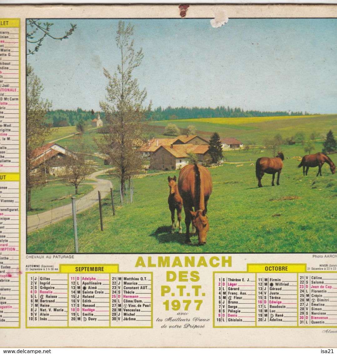 Almanach Du Facteur, Calendrier De La Poste,1977, COTE D'OR, Chevaux Au Pré,montagnes - Grand Format : 1971-80