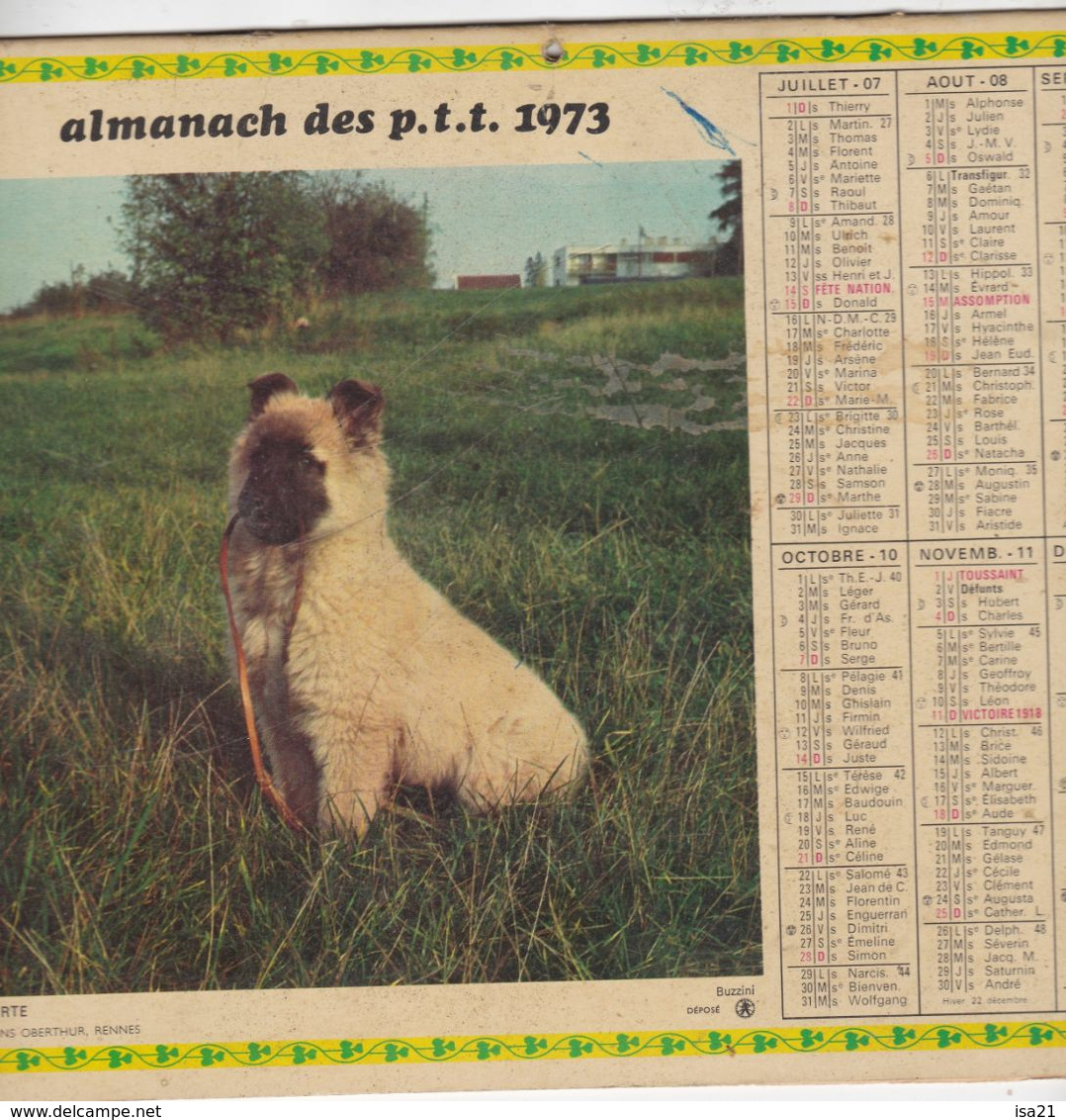 Almanach Du Facteur, Calendrier De La Poste,1973, COTE D'OR, Chien, Chaton... - Grand Format : 1971-80