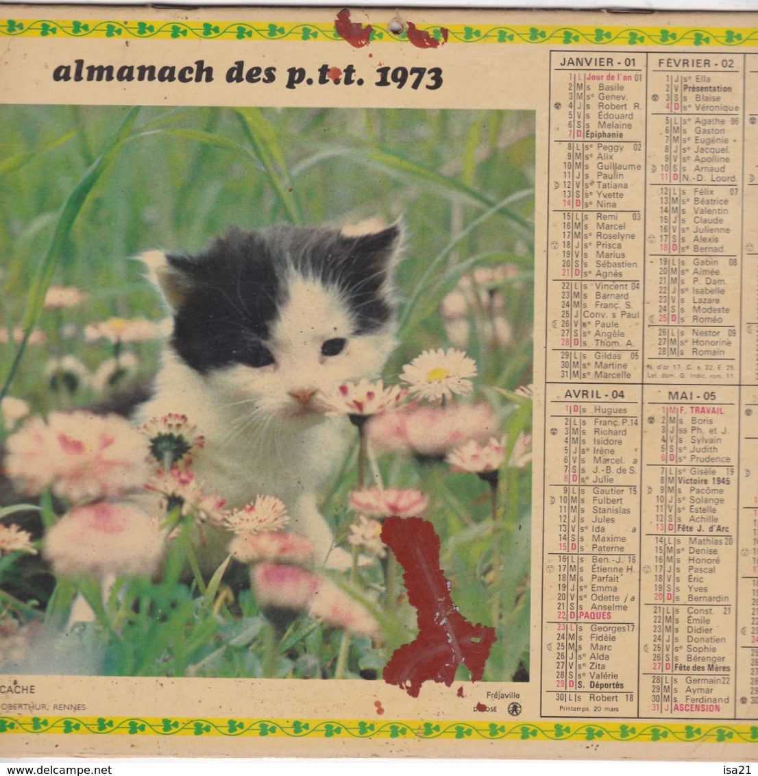 Almanach Du Facteur, Calendrier De La Poste,1973, COTE D'OR, Chien, Chaton... - Grand Format : 1971-80