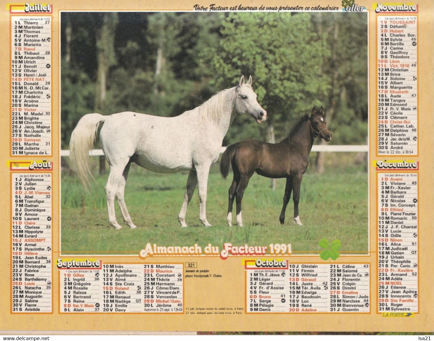 Almanach Du Facteur, Calendrier De La Poste,1991, COTE D'OR, Berger Allemand Avec Son Chiot, Cheval Et Poulain - Grand Format : 1991-00