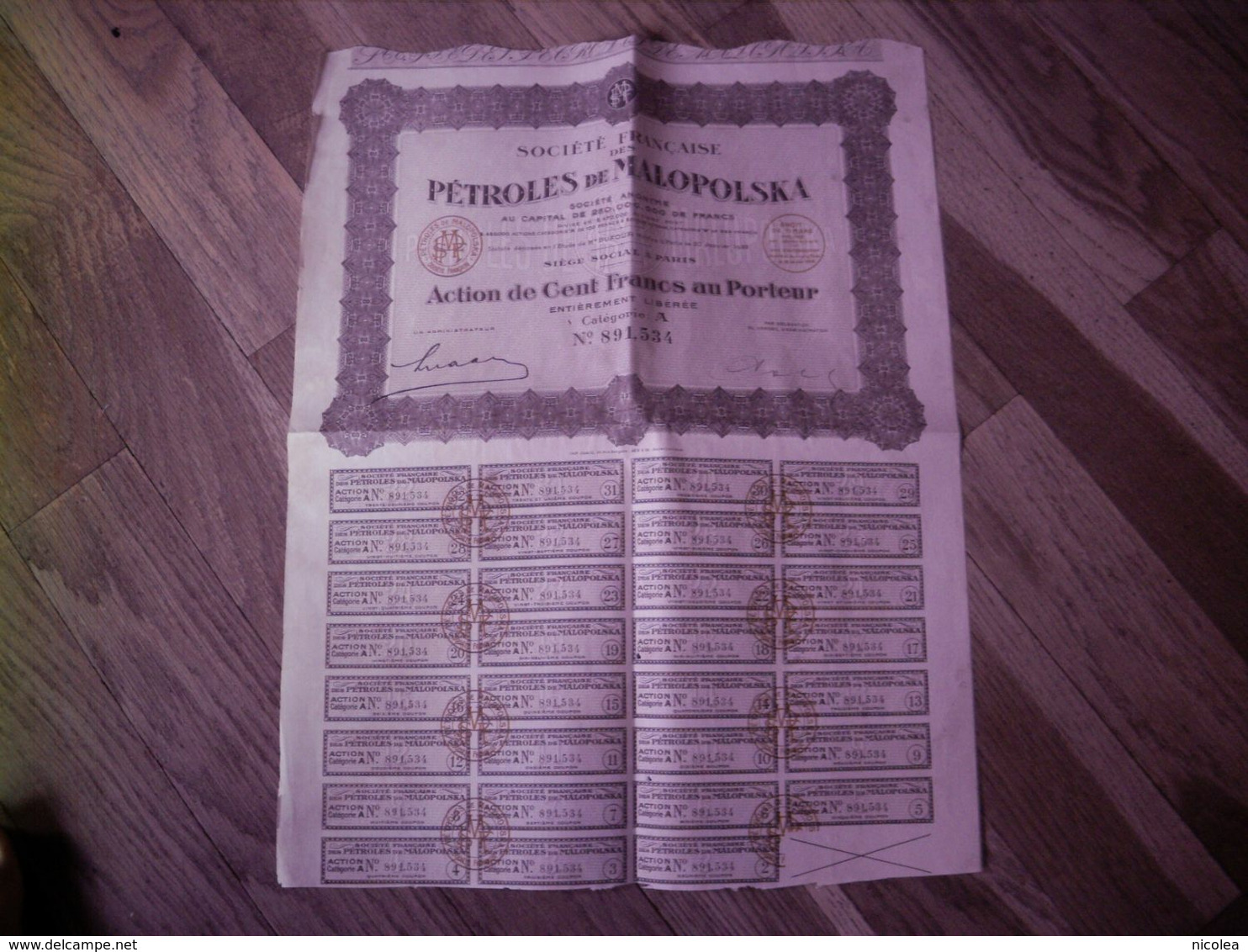 Société Française Des Pétroles De Malopolska - 1922 - Action De Cent Francs Au Porteur Entièrement Libérée - Pétrole