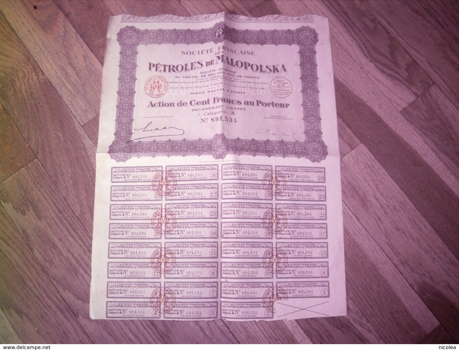 Société Française Des Pétroles De Malopolska - 1922 - Action De Cent Francs Au Porteur Entièrement Libérée - Petróleo