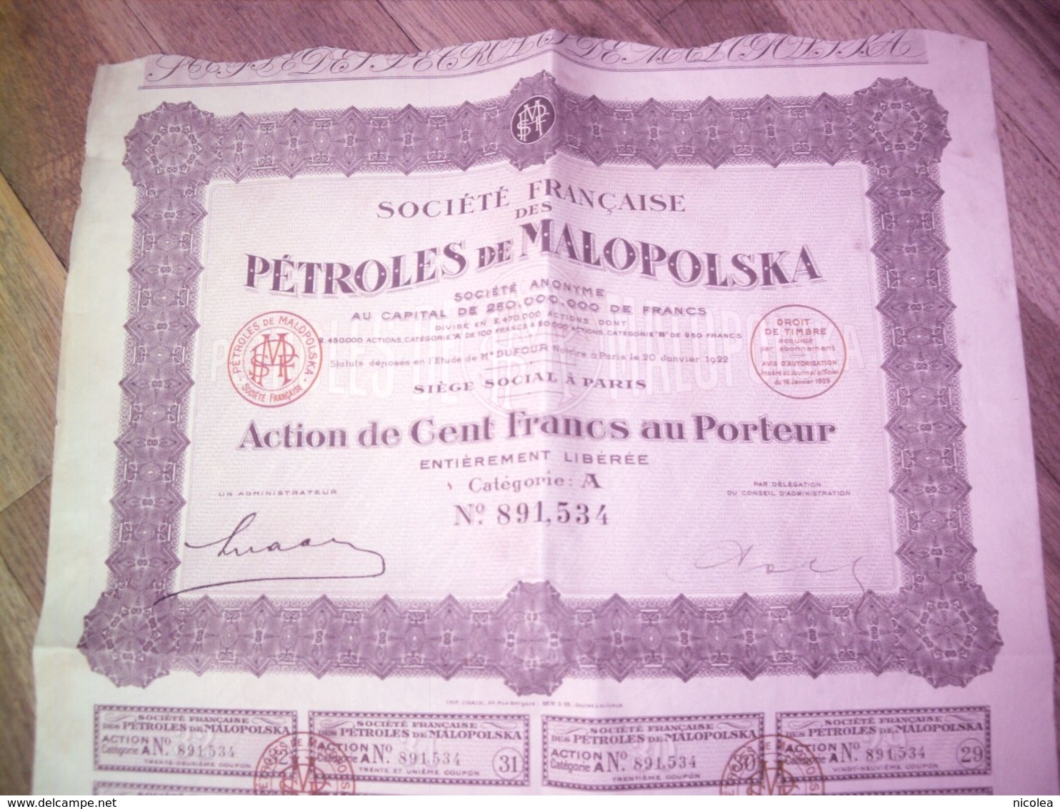 Société Française Des Pétroles De Malopolska - 1922 - Action De Cent Francs Au Porteur Entièrement Libérée - Pétrole