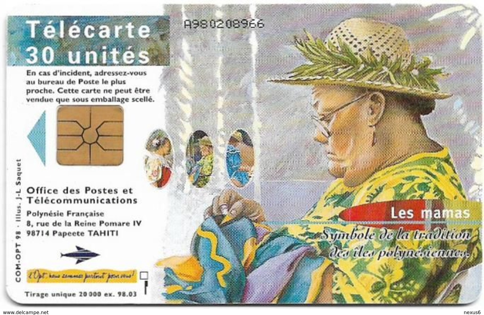 French Polynesia - OPT - Les Mamas #2, Gem1A Symmetr. Black, 03.1998, 30Units, 20.000ex, Used - Polynésie Française