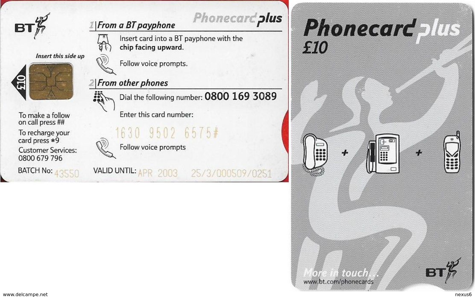 UK - BT (Chip) - PPL Phonecard Plus - PPL011B - Exp.04.2003, PIN & #, 10£, Used - BT Phonecard Plus