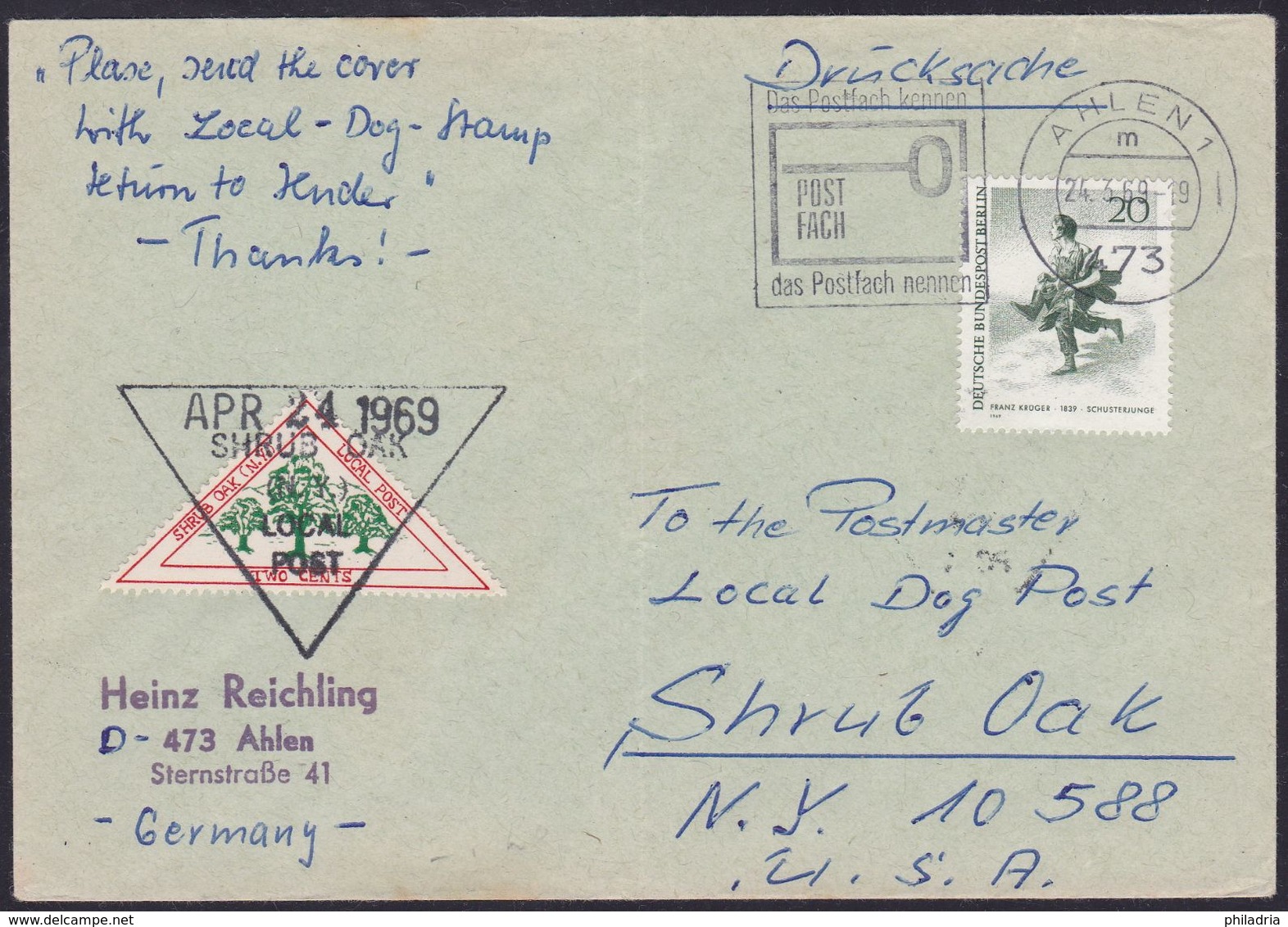 Cover From Germany, 1969, To New York "Shrub Oak Local Post", Vertical Crease - Lokalausgaben