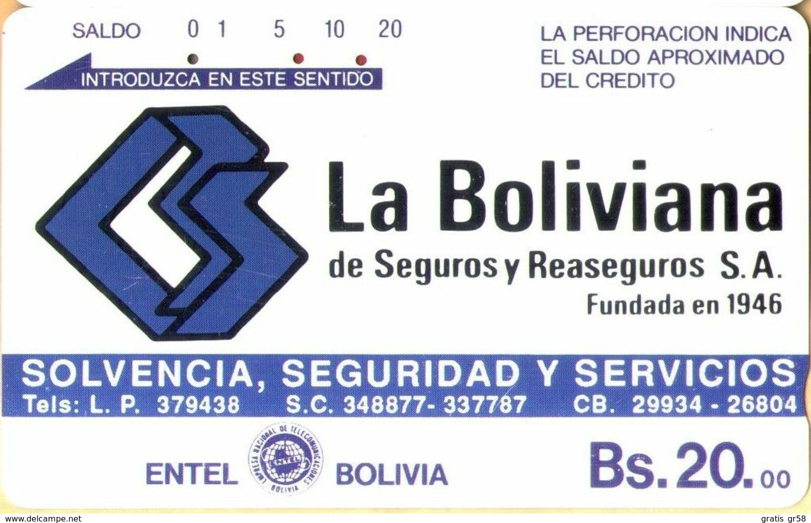 Bolivia - ENTEL-010, Tamura, La Boliviana Insurance (Brown Magnetic Side), 20 Bs., Used As Scan - Bolivia