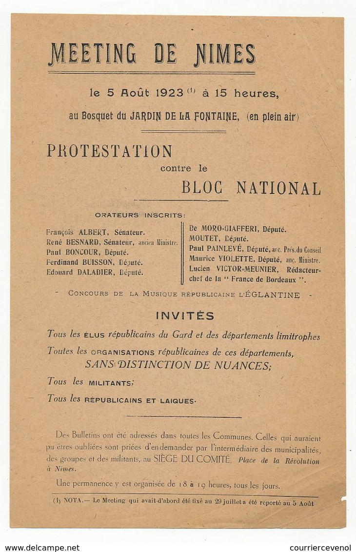 NIMES (Gard) - PROTESTATION CONTRE LE BLOC NATIONAL - 5 Aout 1923 - Documents Historiques