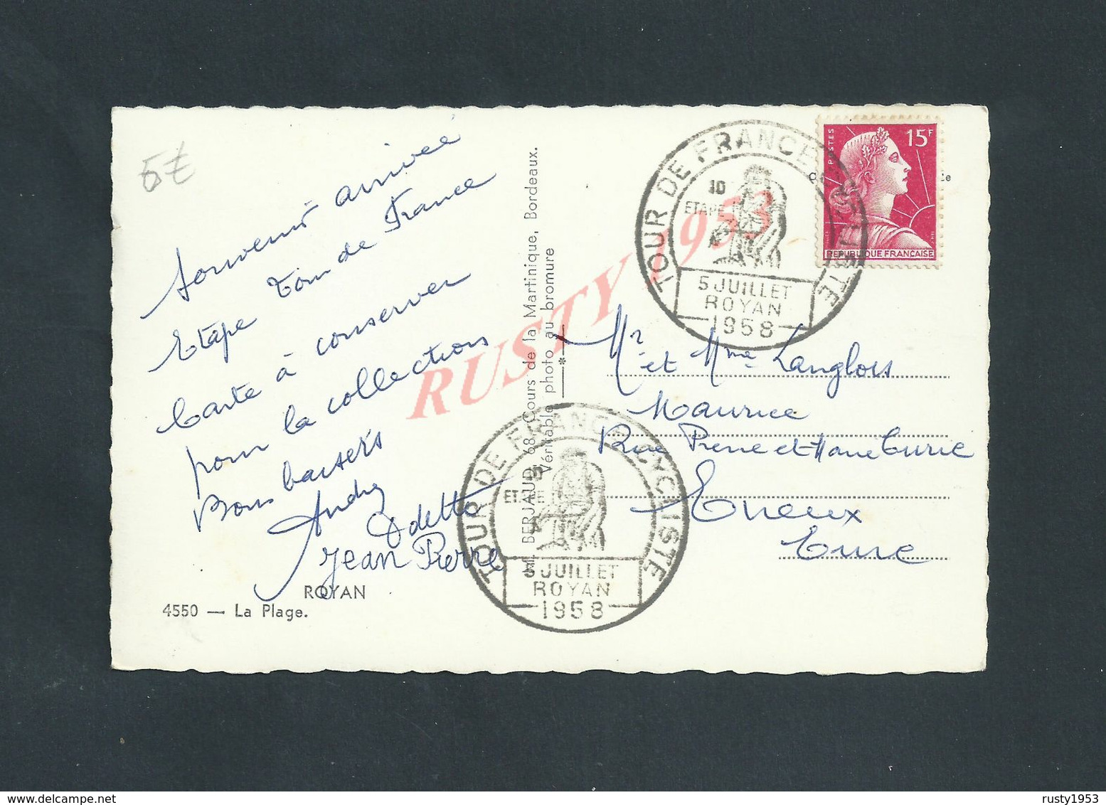 CYCLISME CPSM ROYAN EVENEMENT CACHET TOUR DE FRANCE VELO LE 5 JUILLET ROYAN 1958 : - Other & Unclassified