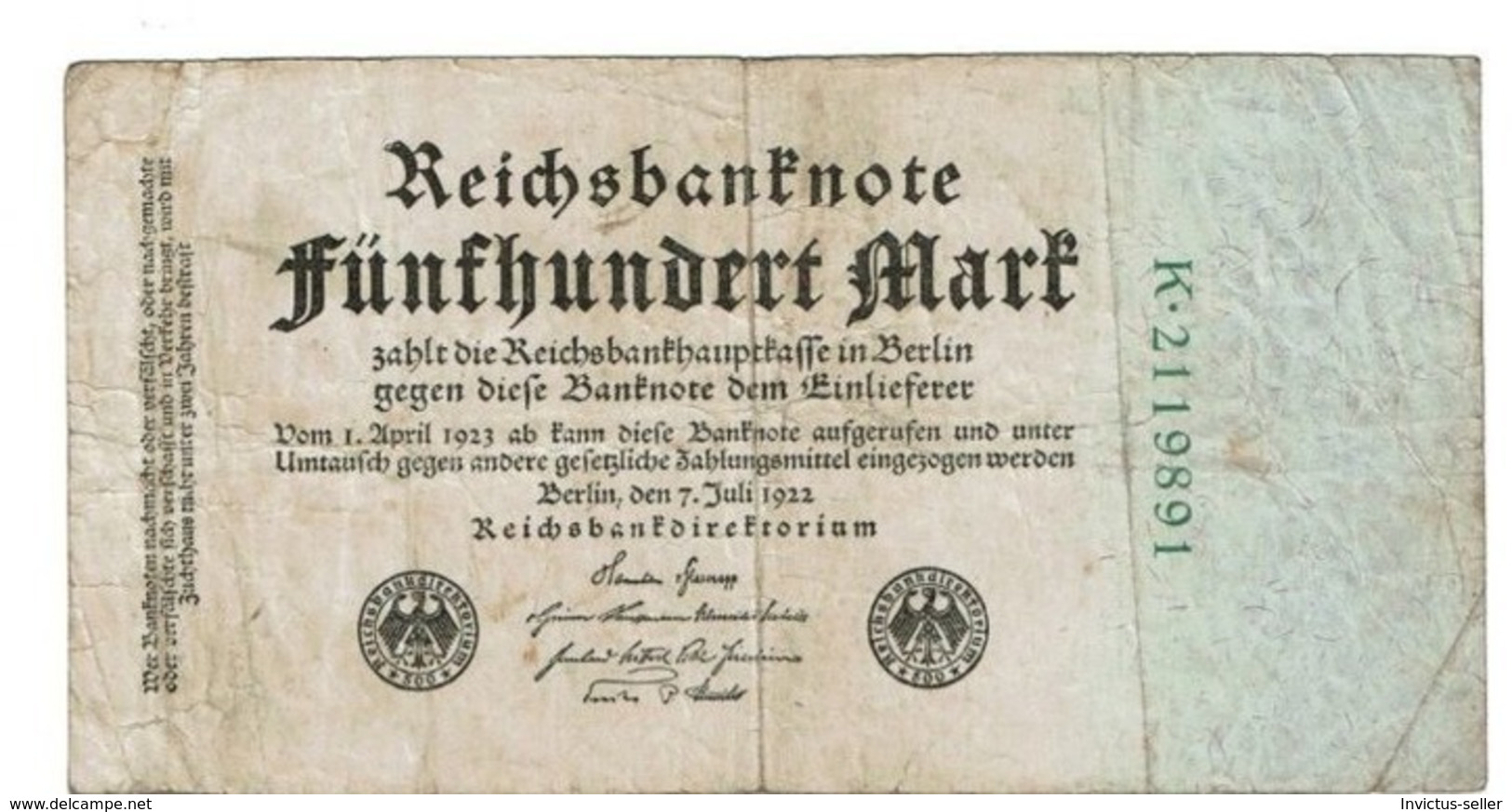 1922  GERMANIA REPUBBLICA DI WEIMAR BANCONOTE TEDESCA 500 FUNFHUNDERT MARK GERMANY BANKNOT BILLET DE BANQUE ALLEMAND - 500 Mark