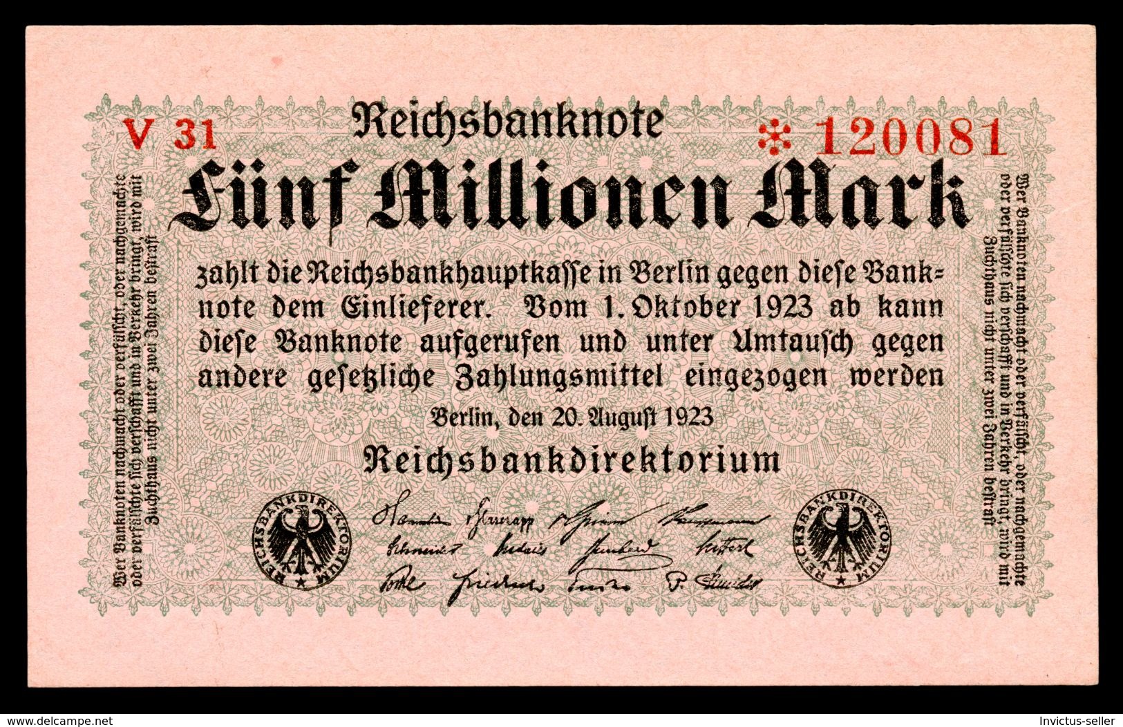 1923  GERMANIA REPUBBLICA DI WEIMAR BANCONOTE TEDESCA FUNF 5 MILLIONEN  MARK GERMANY BANKNOT BILLET DE BANQUE ALLEMAND - 5 Mio. Mark