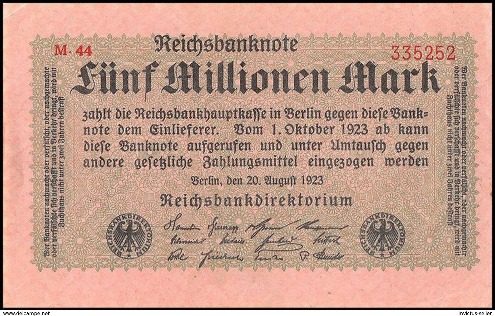 1923  GERMANIA REPUBBLICA DI WEIMAR BANCONOTE TEDESCA FUNF 5 MILLIONEN  MARK GERMANY BANKNOT BILLET DE BANQUE ALLEMAND - 5 Miljoen Mark