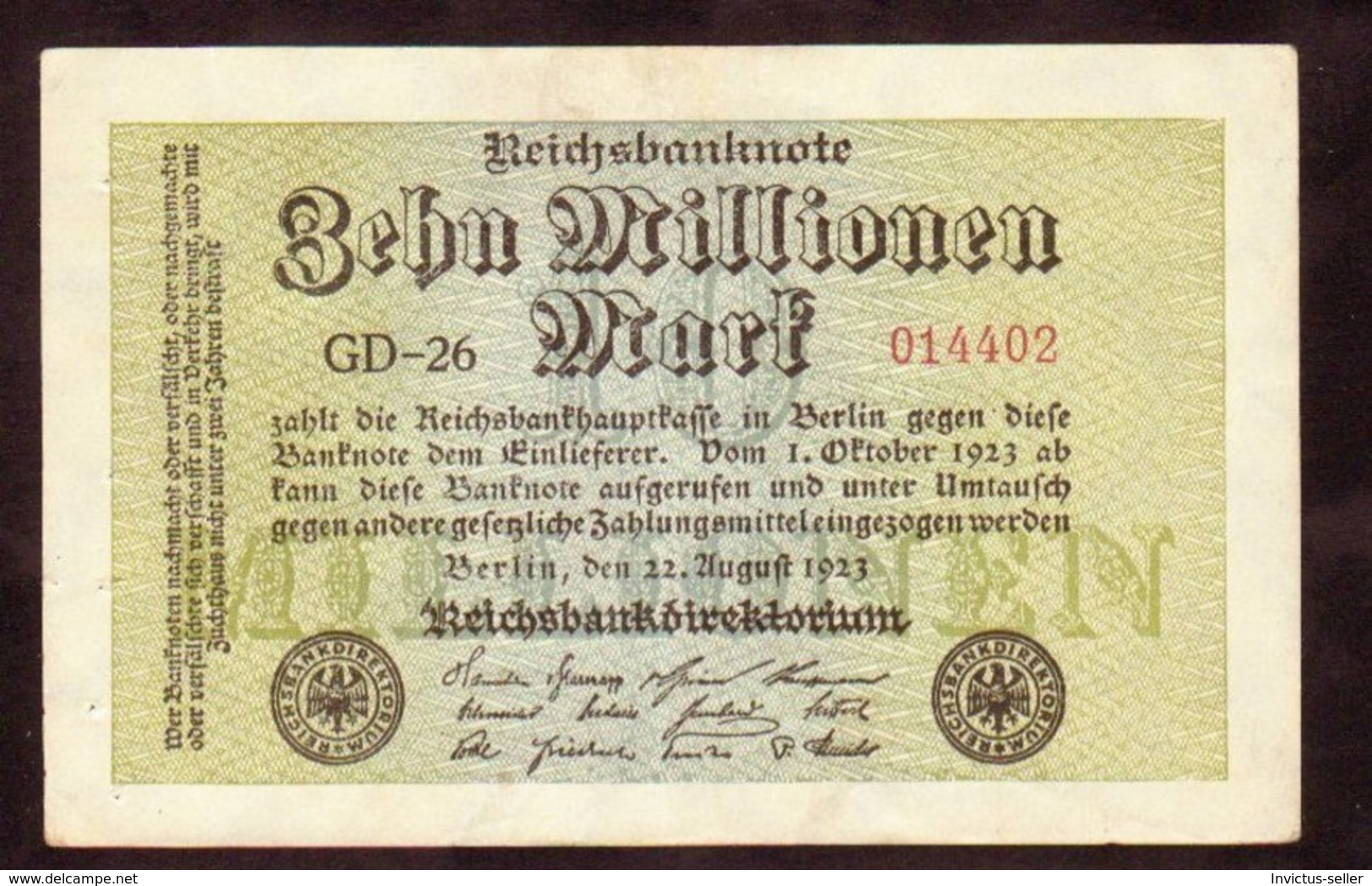 1923  GERMANIA REPUBBLICA DI WEIMAR BANCONOTE TEDESCA ZEHN 10 MILLIONEN  MARK GERMANY BANKNOT BILLET DE BANQUE ALLEMAND - 10 Miljoen Mark