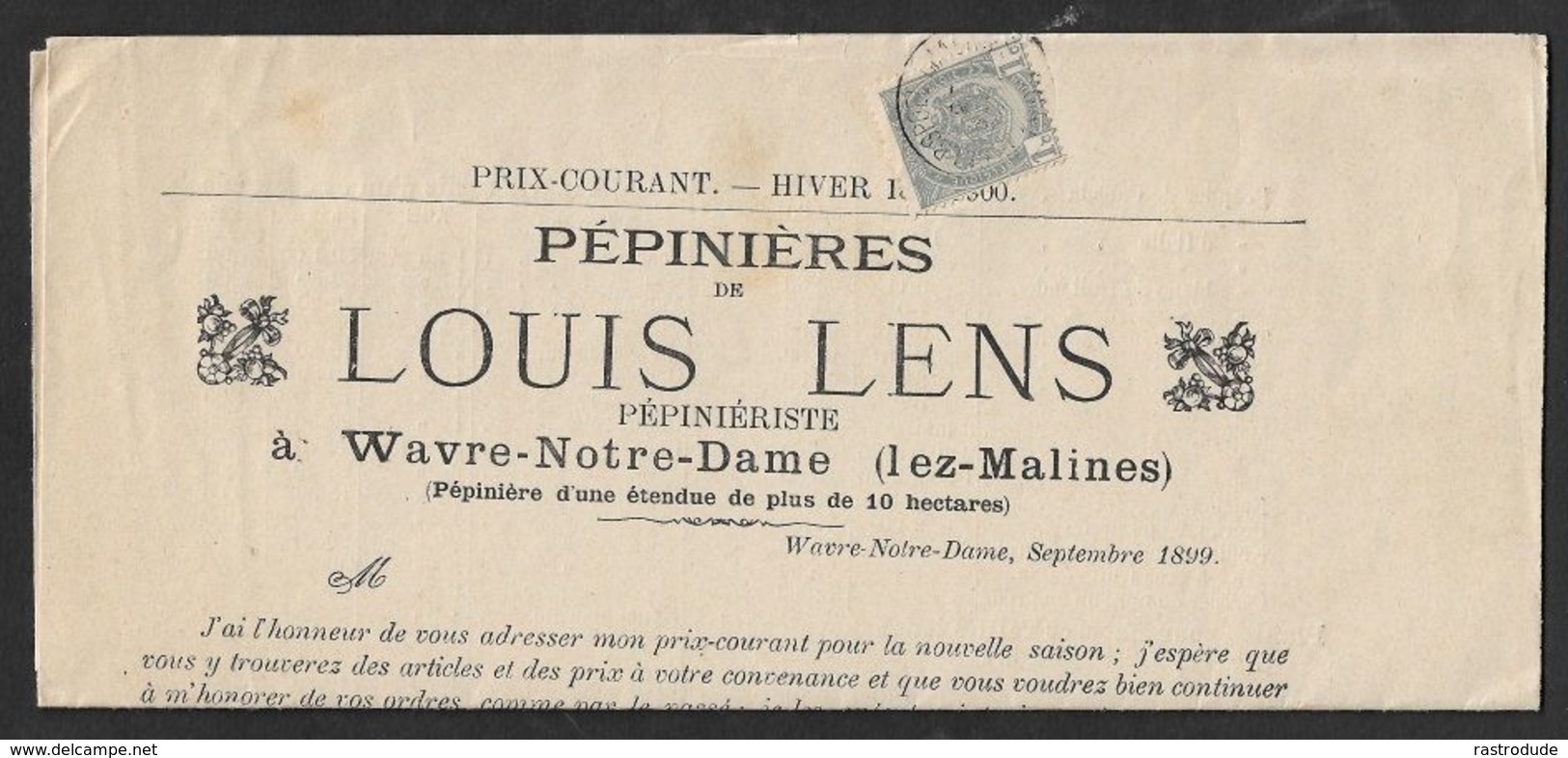 1899 1c IMPRIMÉ - PÉPINIÈRES De LOUIS LENS - LISTE PRIX - Kinderkamer - Plantes Arbustes Conifères - 4 Pages - Rolstempels 1900-09