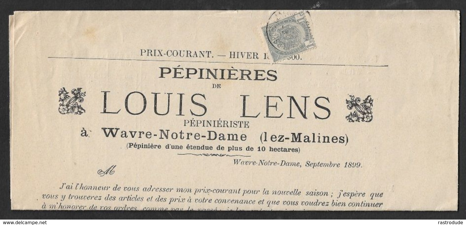 1899 1c IMPRIMÉ - PÉPINIÈRES De LOUIS LENS - LISTE PRIX - Kinderkamer - Plantes Arbustes Conifères - 4 Pages - Roller Precancels 1900-09