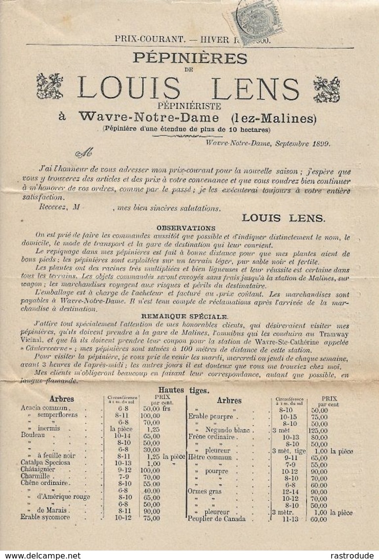 1899 1c IMPRIMÉ - PÉPINIÈRES De LOUIS LENS - LISTE PRIX - Kinderkamer - Plantes Arbustes Conifères - 4 Pages - Roulettes 1900-09