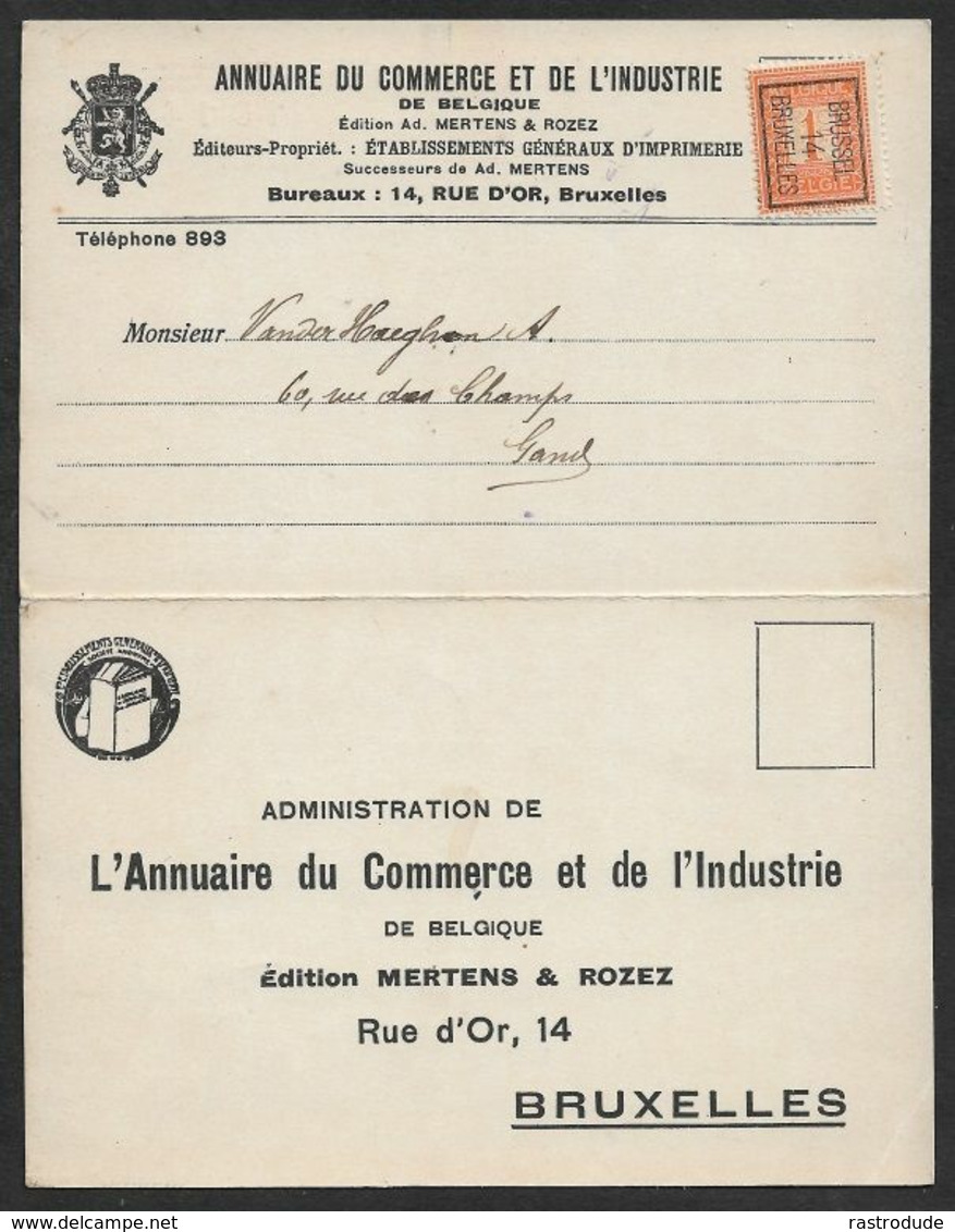 1914 BELGIQUE - PREOBL. IMPRIMÉ 1c A GAND - ANNUAIRE DE COMMERCE ET L'INDUSTRIE - Rollini 1910-19