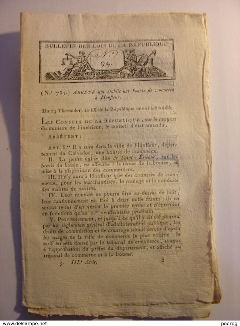 BULLETIN DES LOIS D'AOUT 1801 - BOURSE DE COMMERCE HONFLEUR CAEN TOURS ORLEANS GRENOBLE NICE - ETAT DES BOIS ET FORETS - Decretos & Leyes