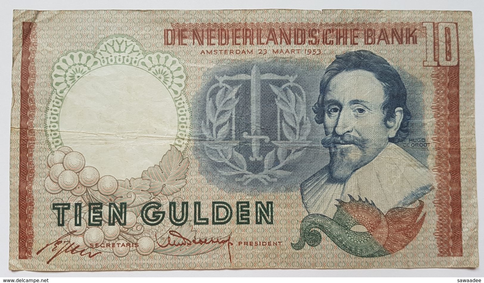 BILLET PAYS-BAS - P.85 - 10 GULDEN - 23/03/1953 - PORTRAIT DE H. DE GROOT - GLAIVE ET BALANCE - 10 Florín Holandés (gulden)