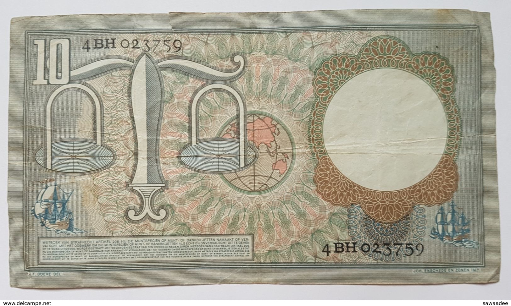 BILLET PAYS-BAS - P.85 - 10 GULDEN - 23/03/1953 - PORTRAIT DE H. DE GROOT - GLAIVE ET BALANCE - 10 Gulden