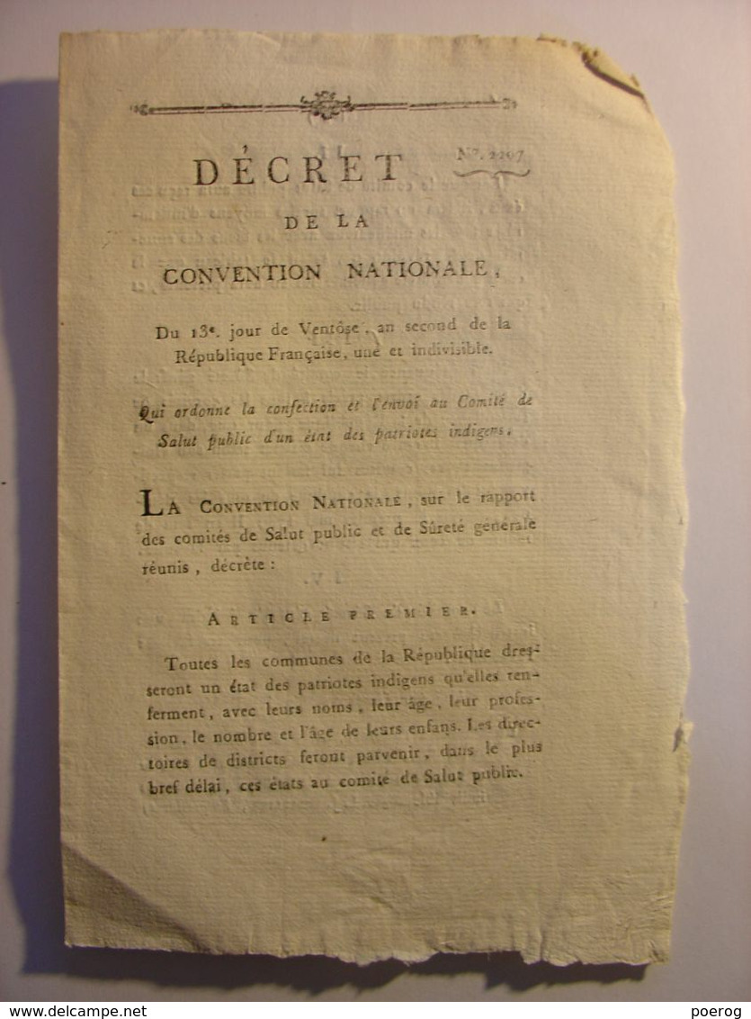DECRET CONVENTION NATIONALE N°2207 Du 3 MARS 1794 - ETAT DES PATRIOTES INDIGENTS - PAUVRES SDF - Décrets & Lois