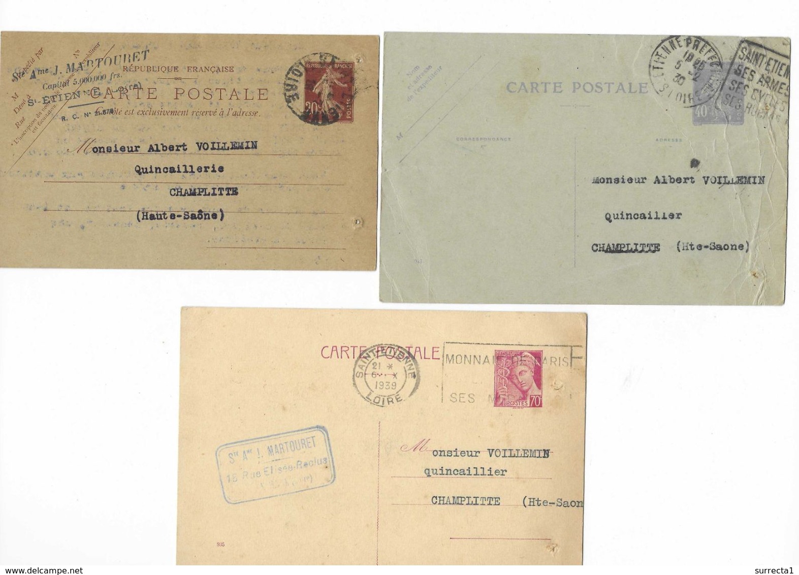 Entier Martouret 42 St Etienne / Lot De 3 / 1926 / 1930 / 1939 / CAD, Flamme, Daguin - Collections & Lots: Stationery & PAP