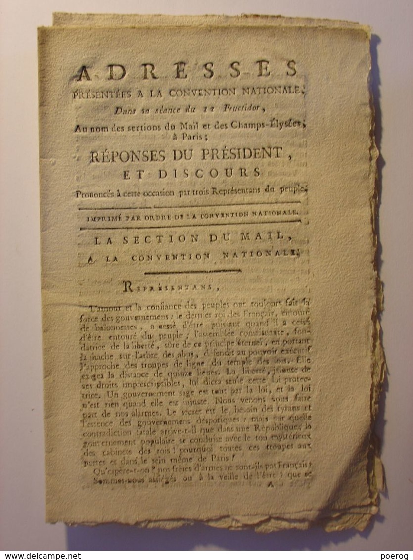 AOUT 1795 - ADRESSES A LA CONVENTION NATIONALE SECTIONS DU MAIL & CHAMPS ELYSEES & REPONSES DISCOURS DU PRESIDENT AMBERT - Gesetze & Erlasse