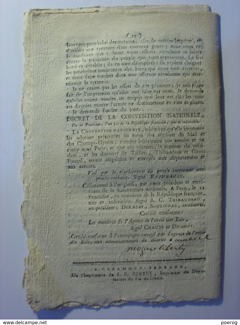 AOUT 1795 - ADRESSES A LA CONVENTION NATIONALE SECTIONS DU MAIL & CHAMPS ELYSEES & REPONSES DISCOURS DU PRESIDENT AMBERT - Decrees & Laws