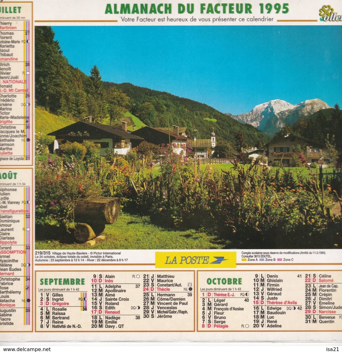Almanach Du Facteur, Calendrier De La Poste, 1995, OISE, Village De Haute-Bavière, Vue Sur Le Mont-Blanc - Grand Format : 1991-00