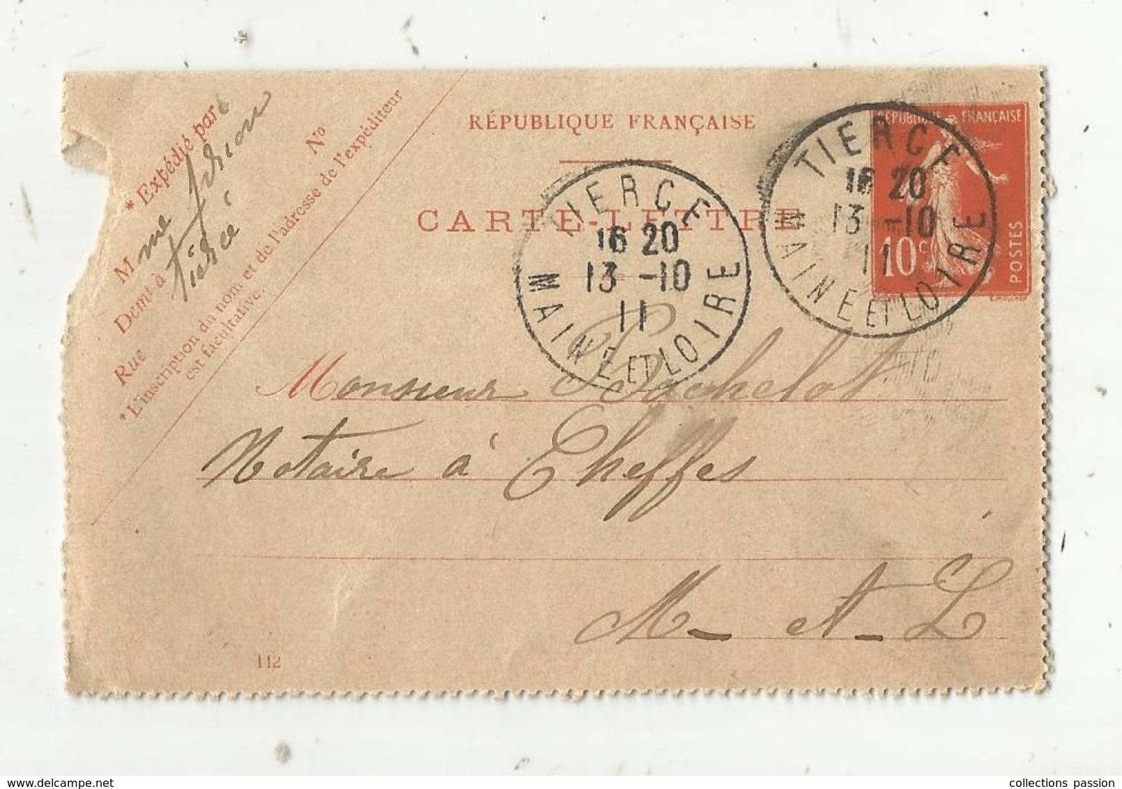 Entier Postal , Carte-lettre , TIERCE , MAINE ET LOIRE , 1911 - Cartoline-lettere