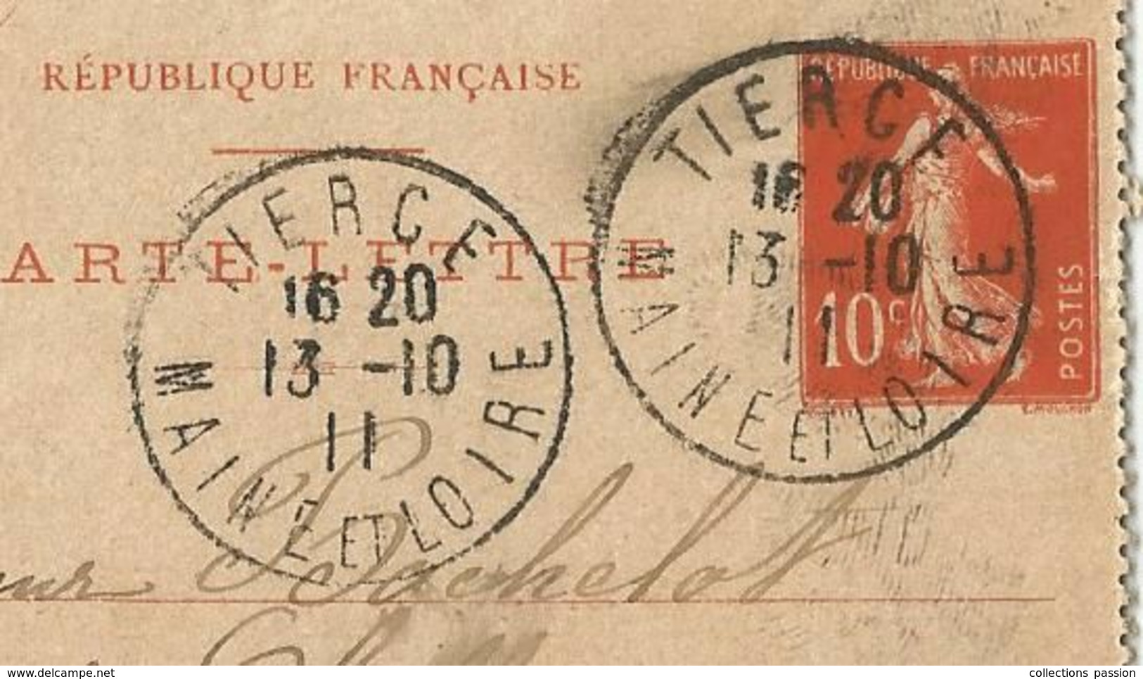 Entier Postal , Carte-lettre , TIERCE , MAINE ET LOIRE , 1911 - Cartes-lettres