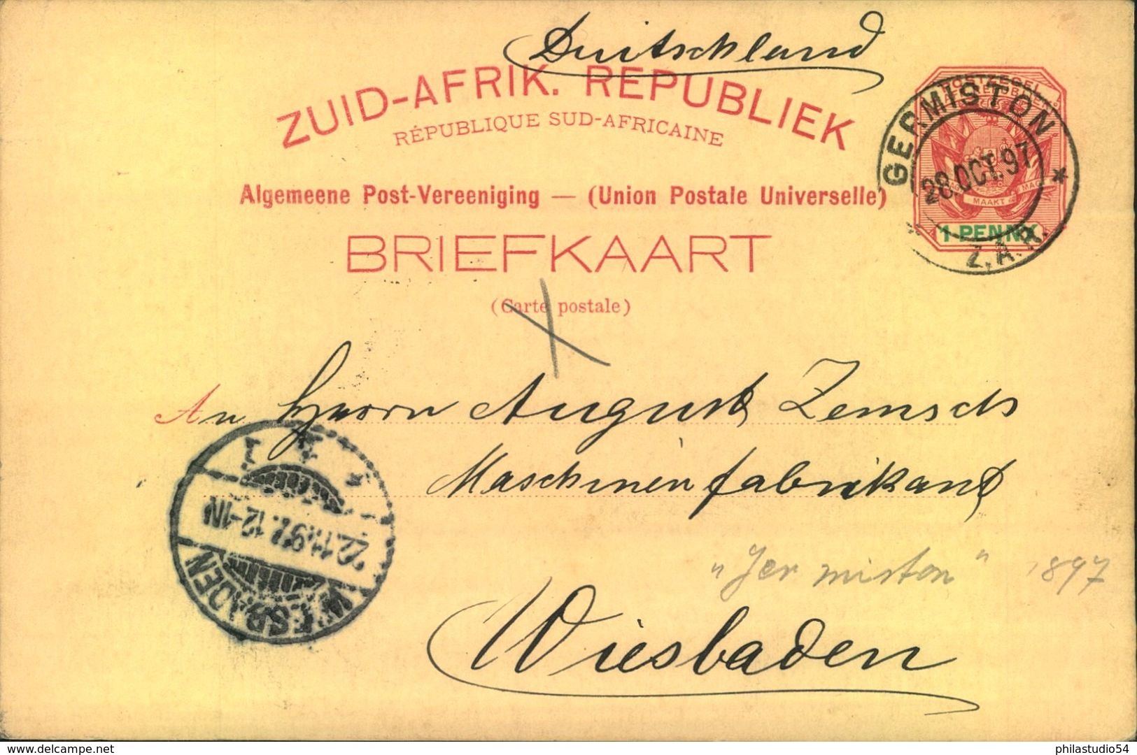 1897, 1 Penny Stationery Postcard From "GERMISTON" To Germany - New Republic (1886-1887)