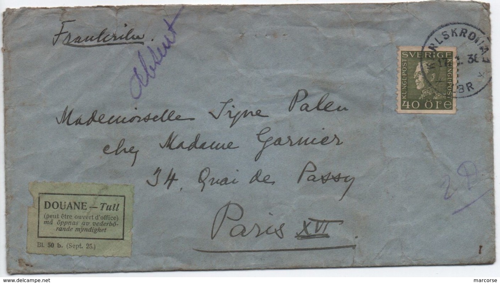 TAXE 2F Violet Banderole Duval Paris Droits Dédouanement / Lettre De Suède 1936 étiquette DOUANES - 1859-1959 Storia Postale