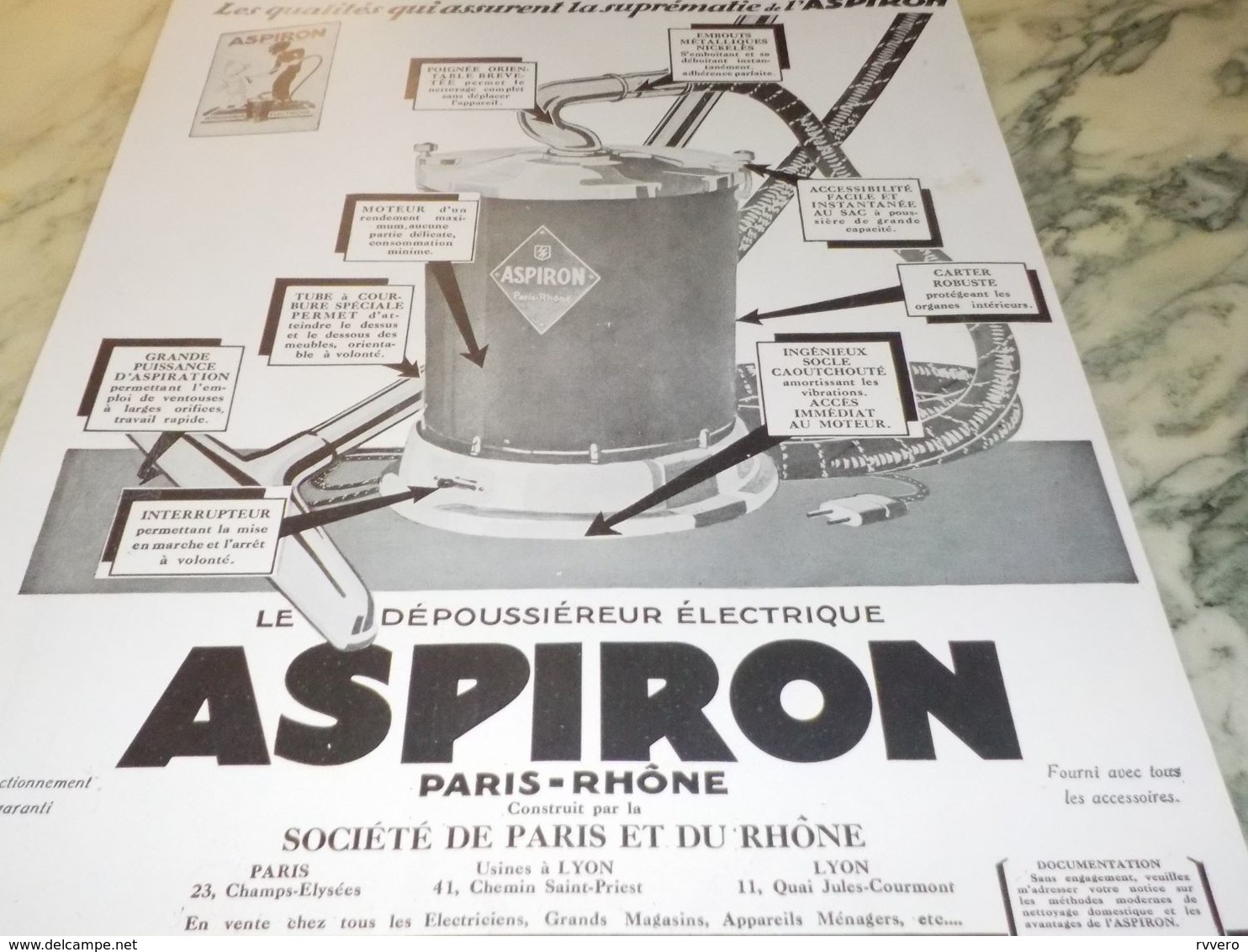 ANCIENNE PUBLICITE ASPIRON PARIS - RHONE 1929 - Autres Appareils