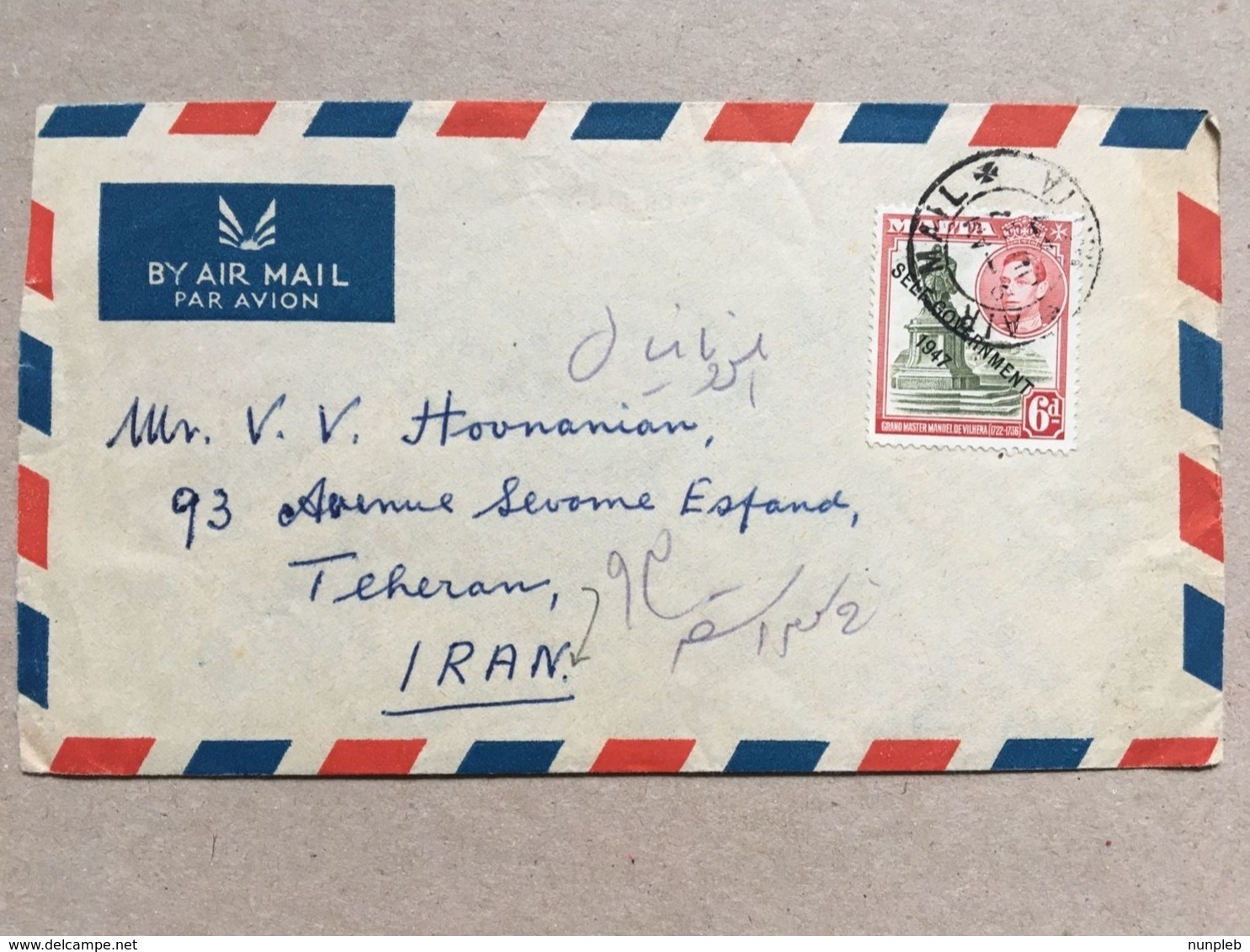 MALTA George VI Air Mail Cover Pieta To Tehran Iran - Malta (...-1964)