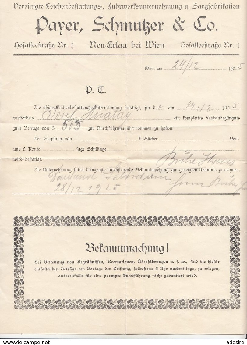 RECHNUNG (datiert Wien 1925) Der Firma PAYER SCHMUTZER & CO Leichenbestattung ..., Dok., A3 Format, Gefaltet, Gelocht, G - Oostenrijk