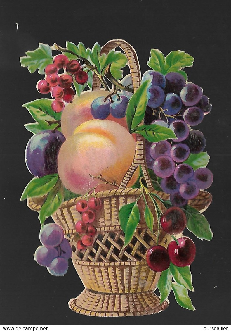 1 Découpis Panier FRUITS Cerises Pêches Raisins Prunes Décollés D'un Album  10 X 14 CM 111 - Fleurs