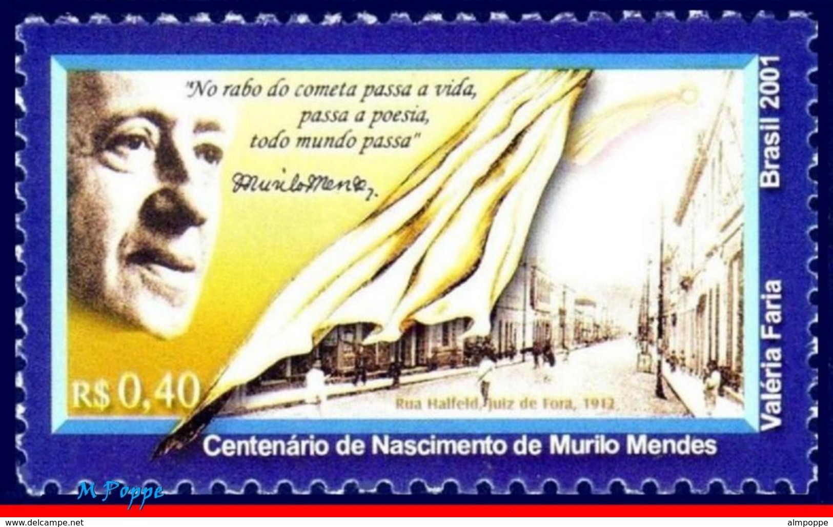 Ref. BR-2795 BRAZIL 2001 AUTHORS, MURILO MENDES, POET,, WRITER, FAMOUS PEOPLE, MI# 3146, MNH 1V Sc# 2795 - Escritores