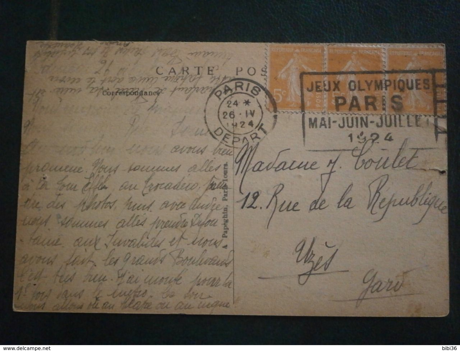 FRANCE LETTRE ENVELOPPE COVER CARTE PARIS RIVOLI MAIRIE SEMEUSE FLAMME PARIS DEPART JEUX OLYMPIQUES PARIS MAI JUIN 1924 - Estate 1924: Paris