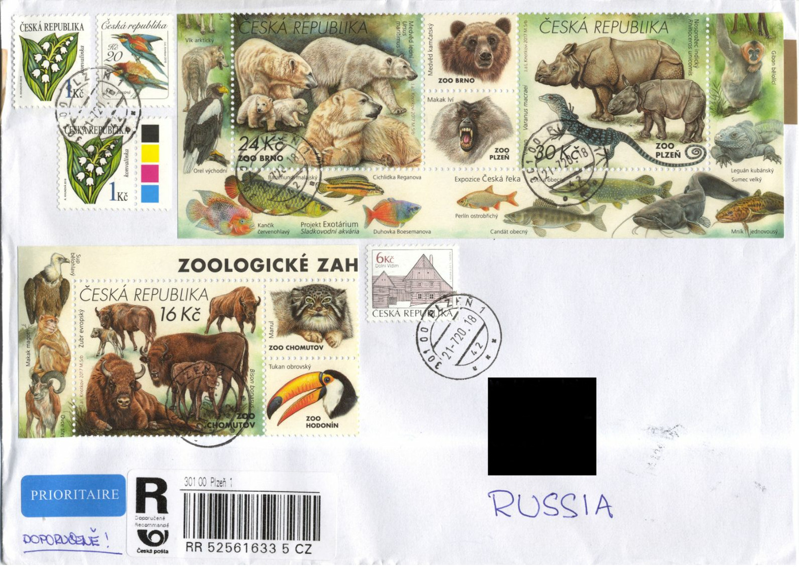 2020 Czech Republic Addressed Cover With 7 Stamps: Polar Bears, Rhinos, Bison, Birds, Fish, Monkeys, Lizard, Flowers - Lettres & Documents