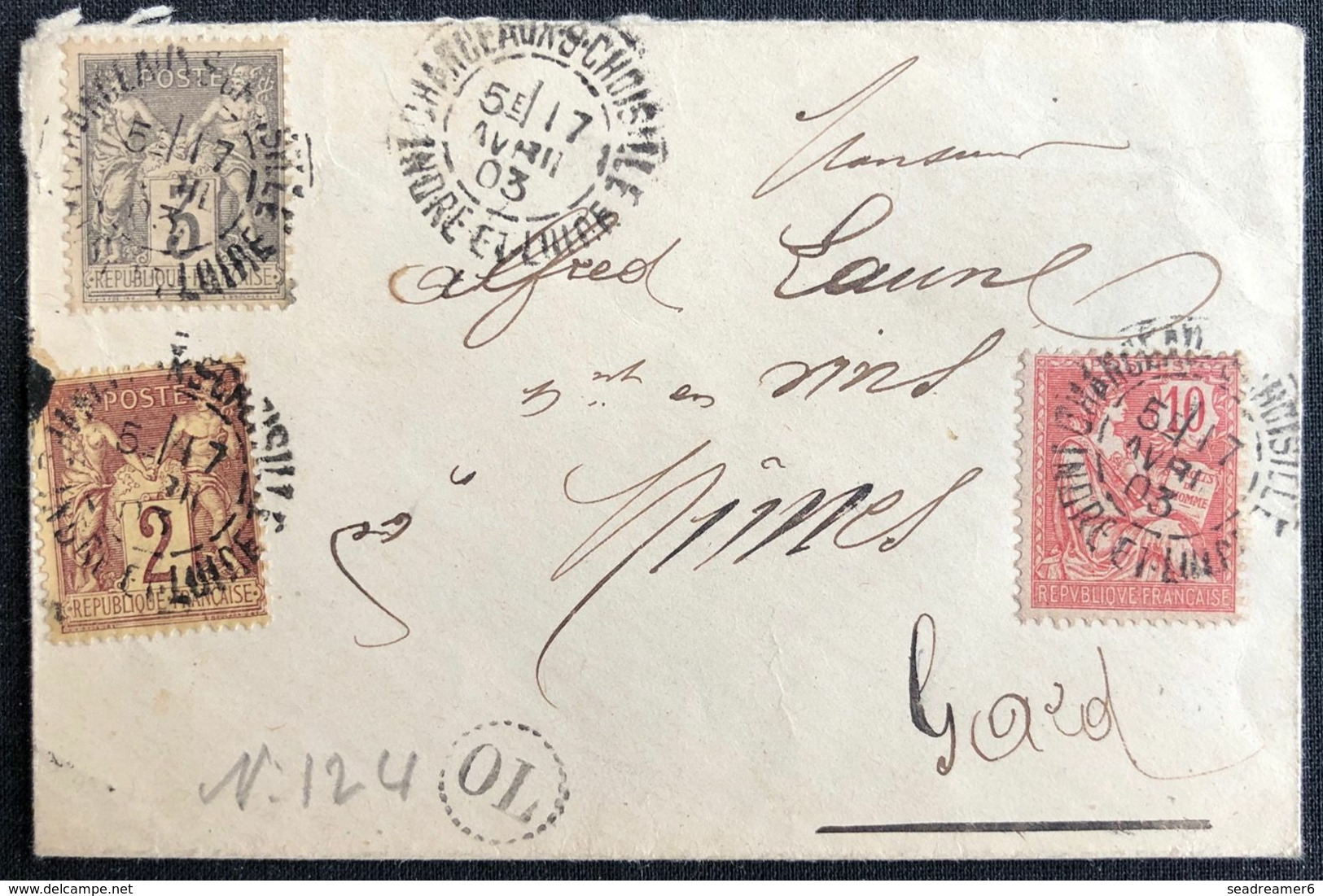 Lettre Mixte Sage/blanc Tarif à 15c Sage 1903 N°85, 87 & N°124 De Chanceaux / Choisille Pour Nimes + OL Superbe  & RR - 1898-1900 Sage (Type III)