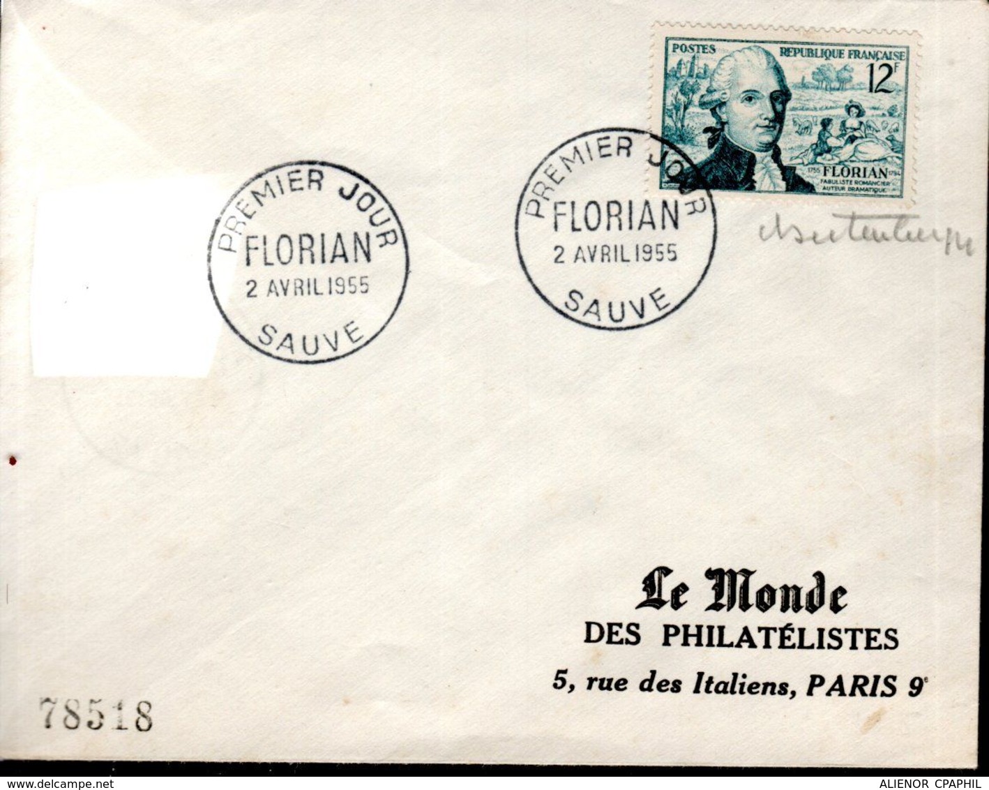 LETTRE 1ER JOUR 1955 - FLORIAN, FABULISTE, ROMANCIER, AUTEUR DRAMATIQUE - SIGNEE PAR LE GRAVEUR CLAUDE HERTENBERGER - - Brieven En Documenten