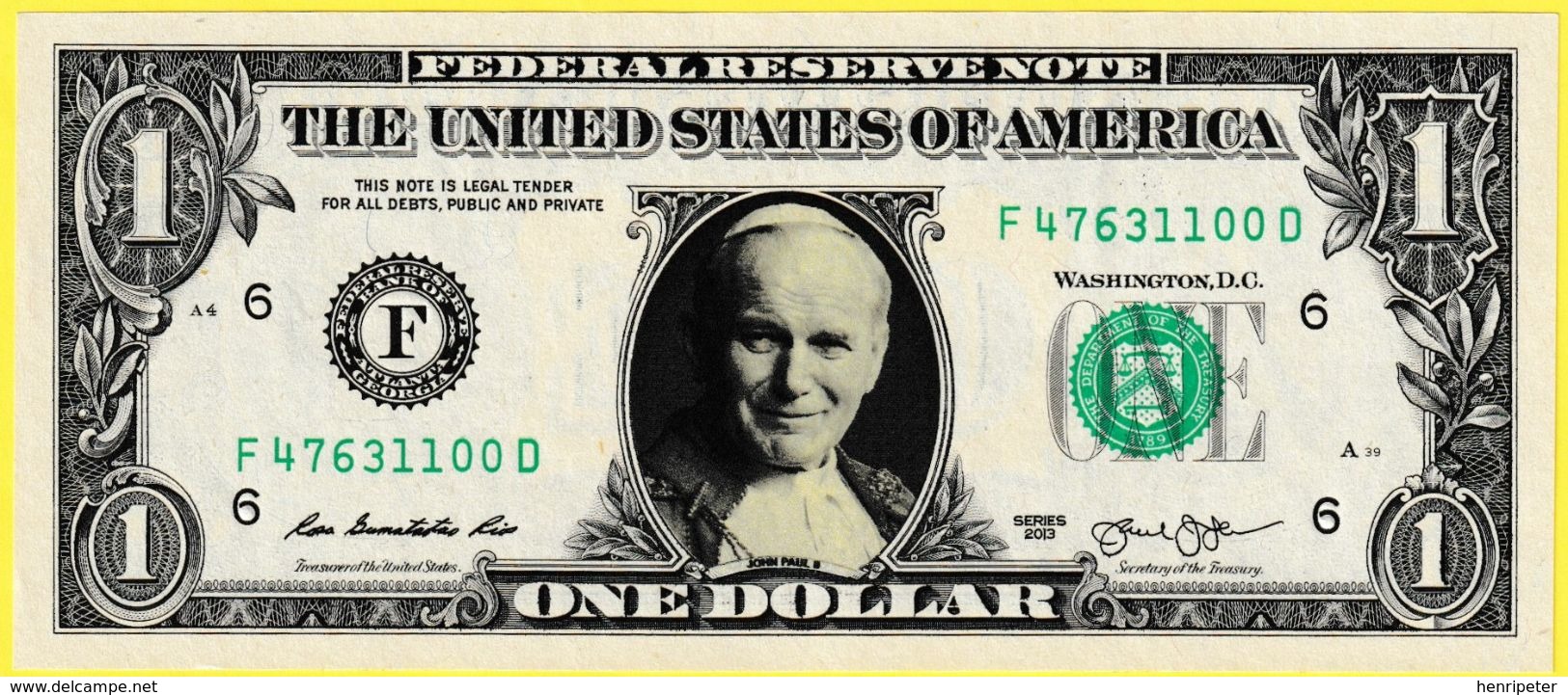 Billet De Banque Neuf - 1 Dollar One Dollar N° F 4761100 D Pape Jean-Paul II - The United States Of Amerika - Colecciones Lotes Mixtos