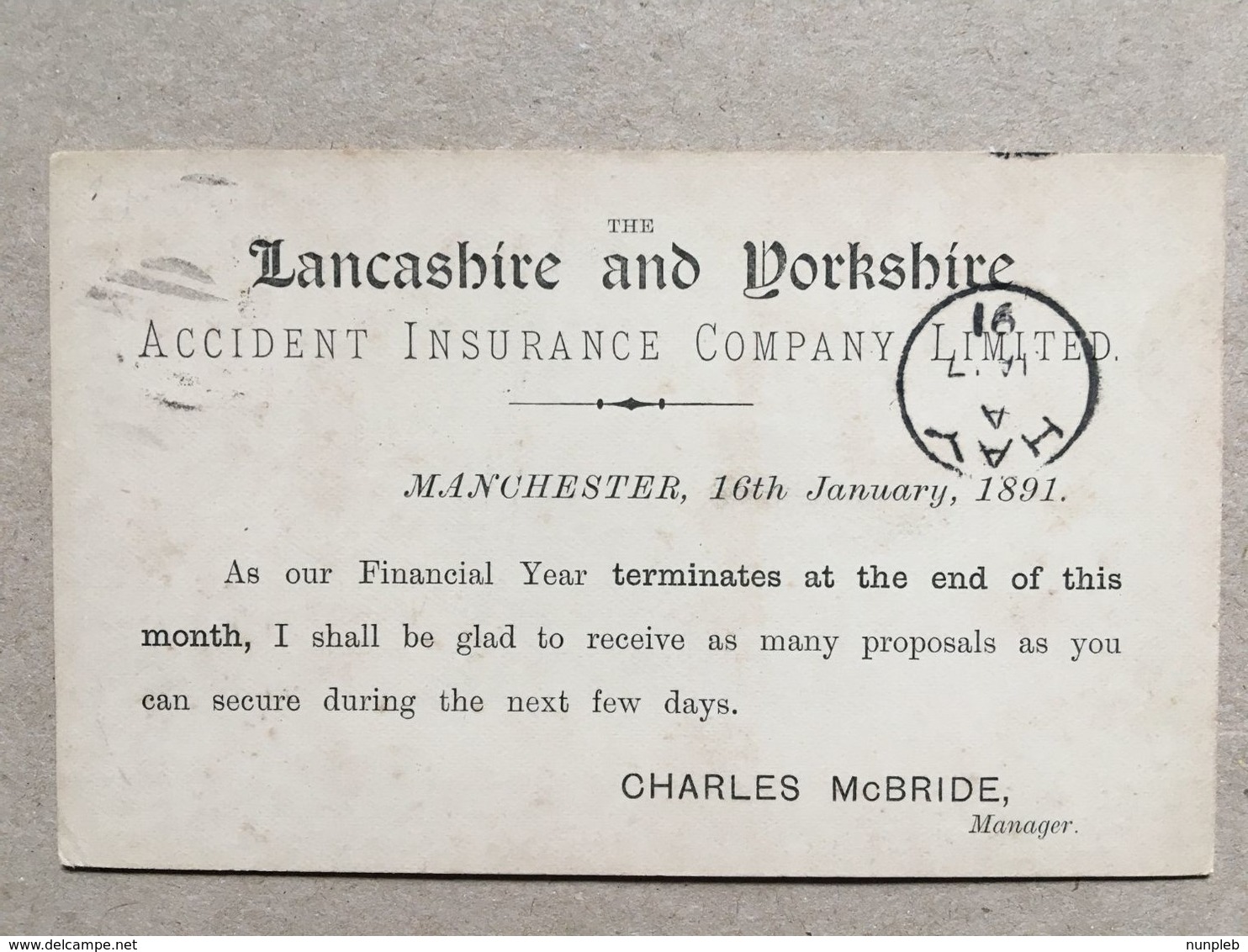 GB Victoria 1891 Pre-paid Postcard Manchester To Brecon  - `Lancashire And Yorkshire Accident Insurance Co. Ltd.` 2 Scan - Brieven En Documenten