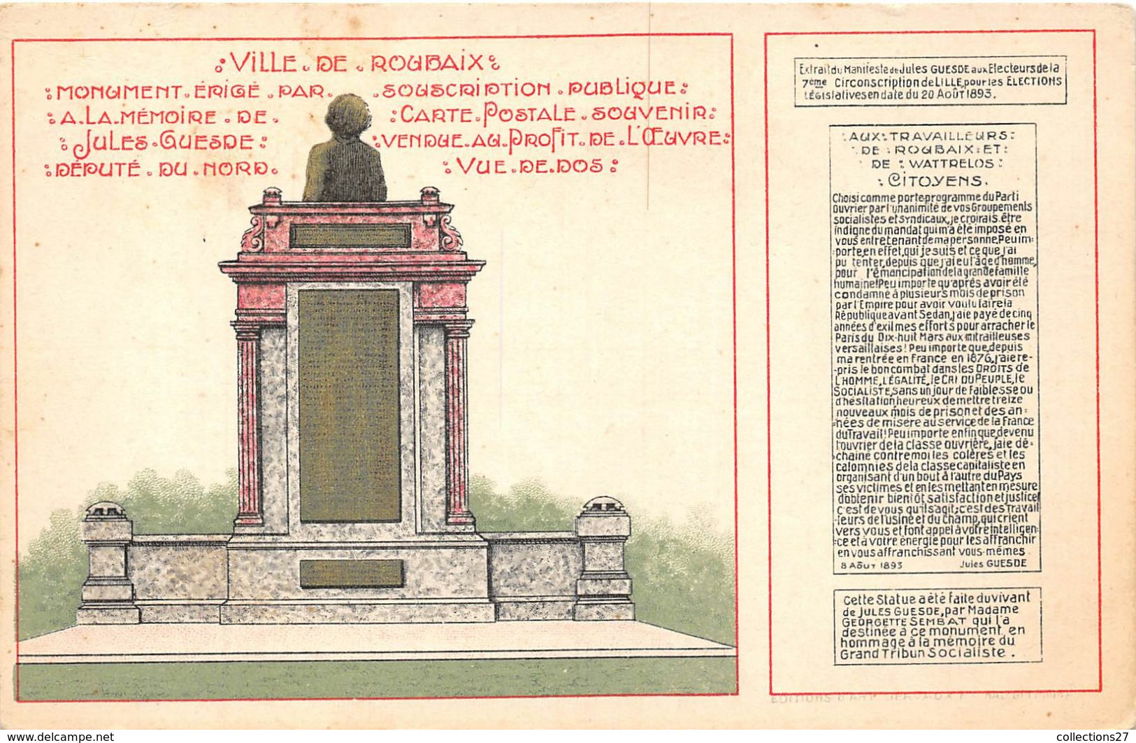 59-ROUBAIX- MONUMENT ERIGE PAR SOUSCRIPTION A LA MEMOIRE DU CITOYEN JULES GUESDE DEPUTE DU NORD - Roubaix