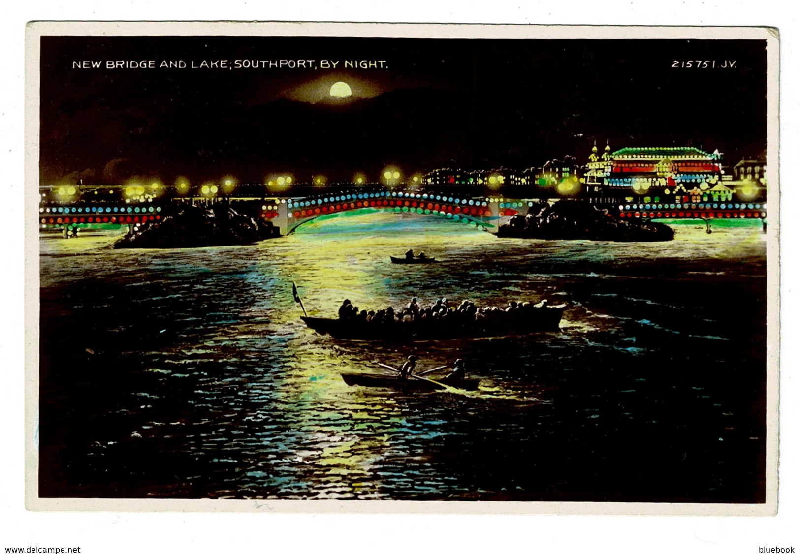 Ref 1394 - Real Photo Postcard - New Bridge & Lake - Southport By Night - Lancashire - Southport
