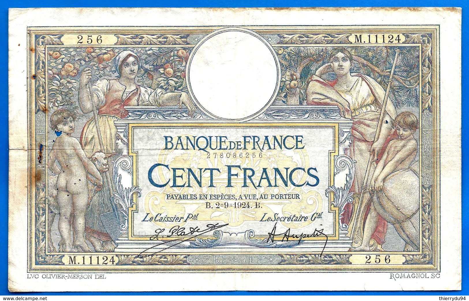 France 100 Francs 2 9 1924 Prefix M Merson Frcs Frc Grand Billet Paypal Bitcoin OK - 100 F 1908-1939 ''Luc Olivier Merson''